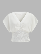 Lace Waist V-Neck Ruched Blouse