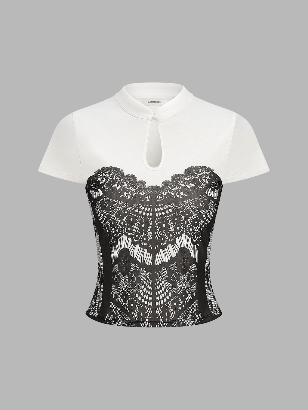 Lace Print Keyhole Neck Short Sleeve Top