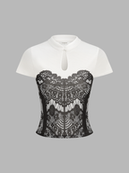 Lace Print Keyhole Neck Short Sleeve Top