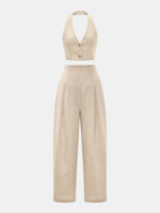 Linen Blend Halter Crop Top & Pants Set