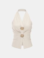Linen Blend Halter Ruched Top & Pants Set