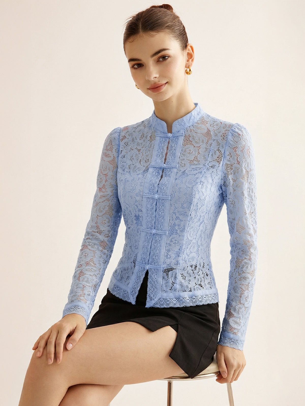 Frog Closure Lace Mandarin Collar Blouse