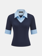 2 in 1 Striped Collar Elbow Sleeve Blouse