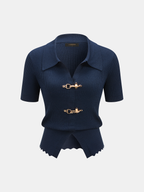 Short Sleeve Collared Buckle Rib Knit Top