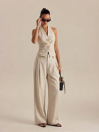 Linen Blend Halter Ruched Top & Pants Set
