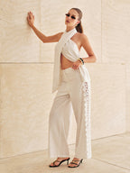 Cotton Linen Halter Top & Lace Trim Pants Set