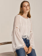 Sheer Chiffon Lace Trim Bell Sleeve Blouse