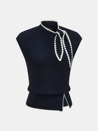 Scallop Trim Tie Neck Sleeveless Knit Top