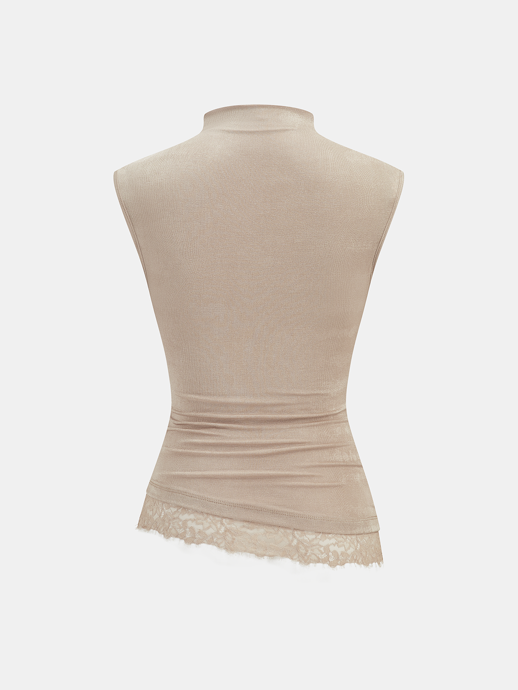 High Neck Sleeveless Ruched Lace Trim Blouse