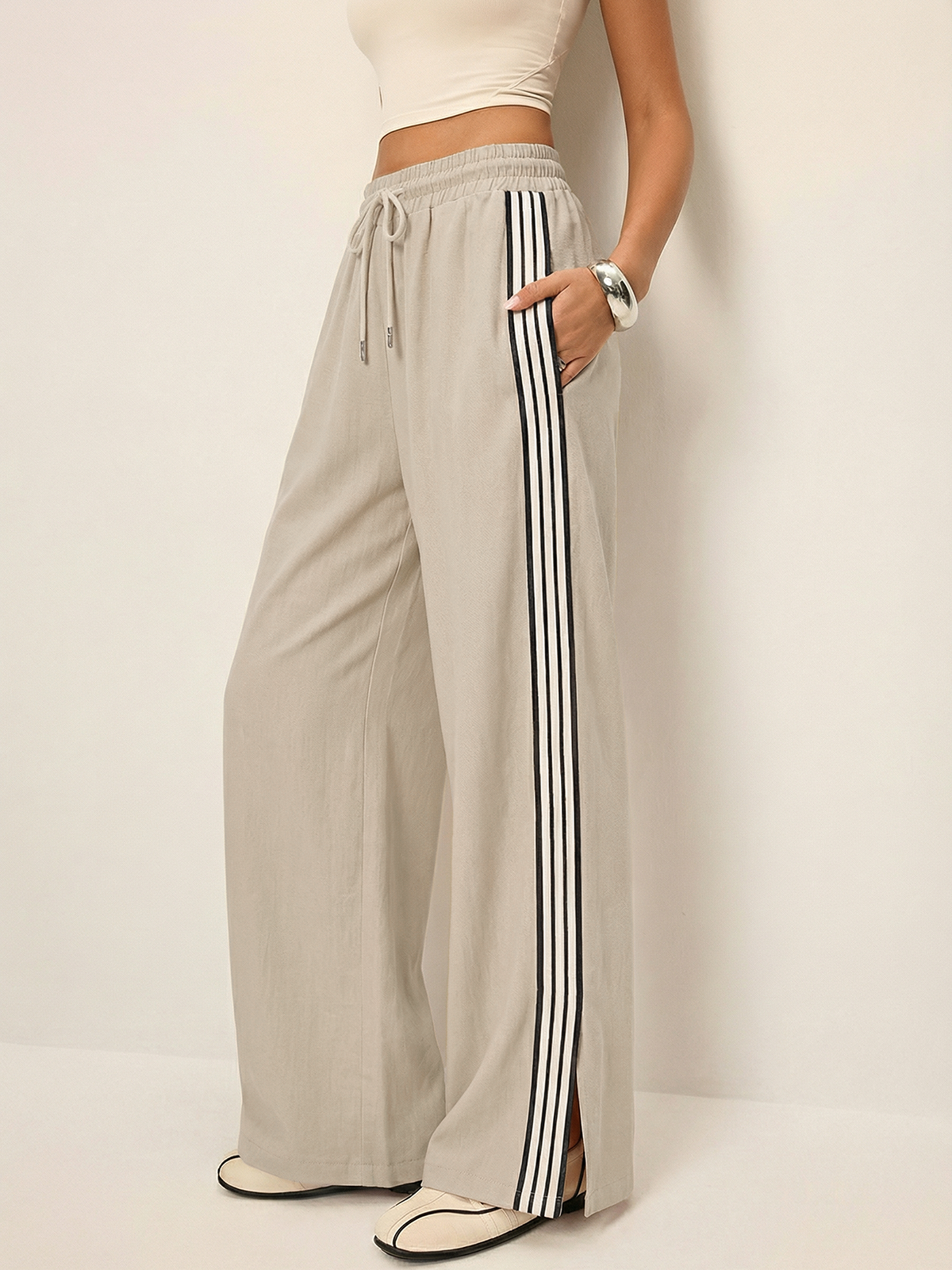 Cotton Linen Striped Split Drawstring Pants