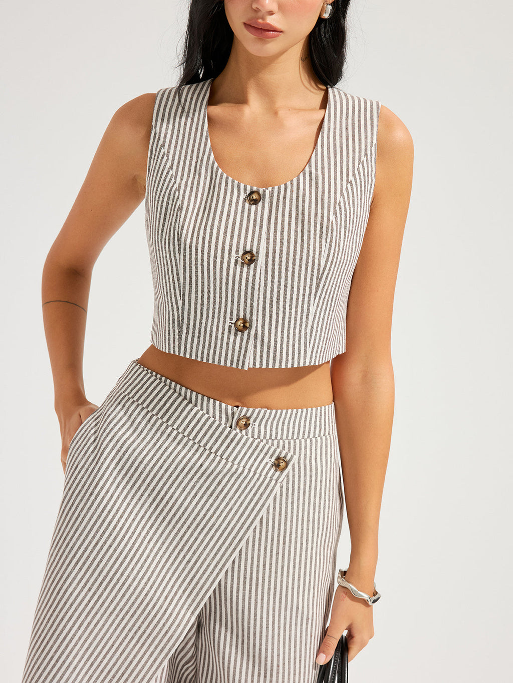 Striped Cotton Linen Vest & Asymmetrical Pants Set