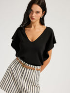 V-Neck Flutter Sleeve Cinched Knitted Tops