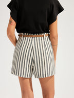 Striped Cotton Linen Belted Shorts