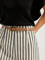 Striped Cotton Linen Belted Shorts