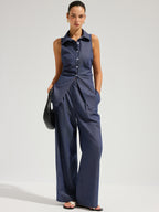 Denim Sleeveless Tie-Back Shirt & Pants Set