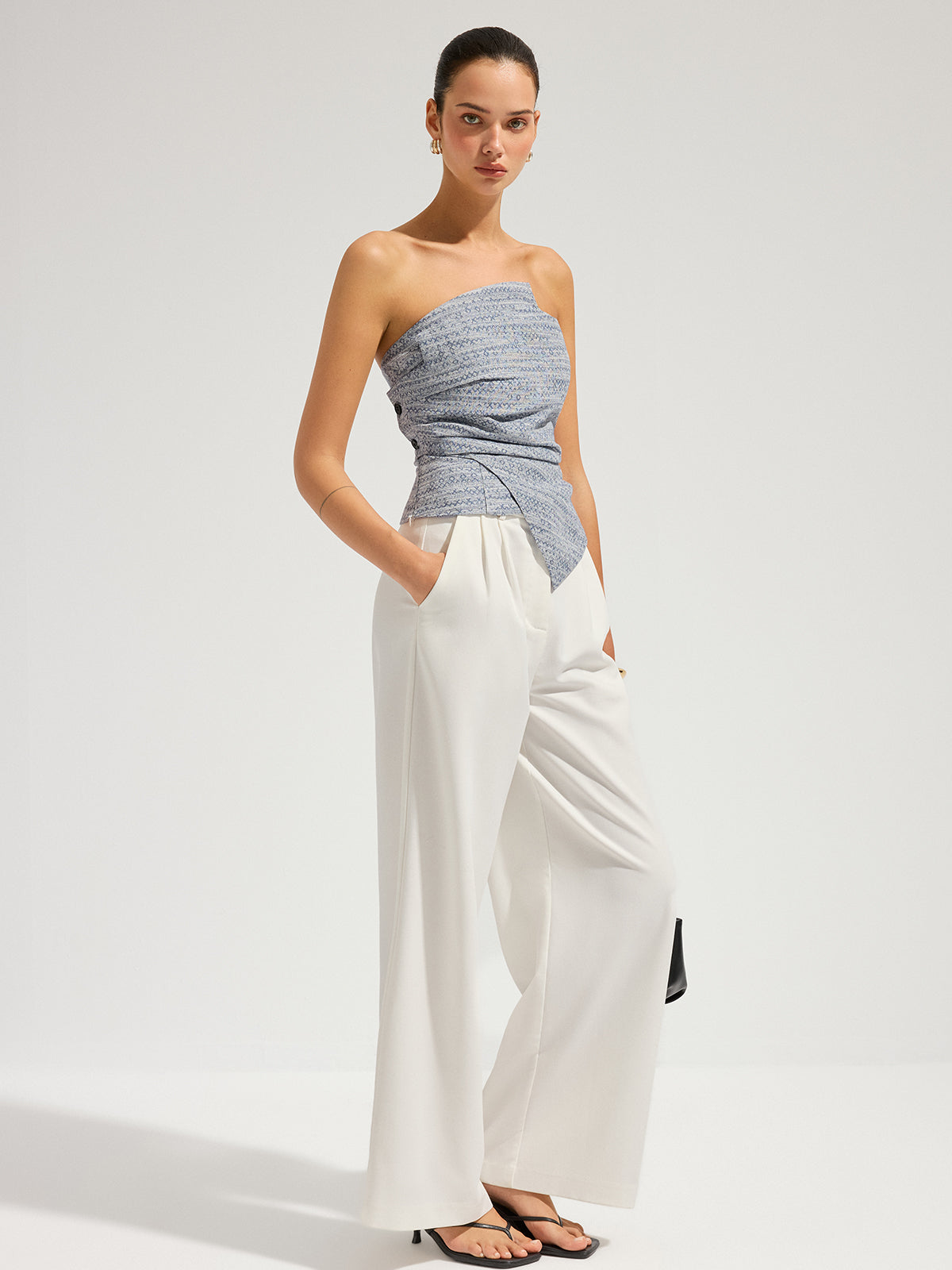 Geometric Print Strapless Ruched Top