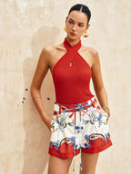 Floral Print Belted Casual Shorts