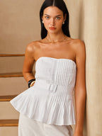 Cotton Linen Pleated Strapless Peplum Top