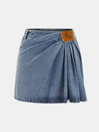 Asymmetric Pleated Denim Mini Skirt