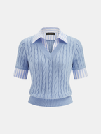 Cable Knit Striped Collar Short Sleeve Top