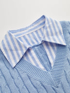 Cable Knit Striped Collar Short Sleeve Top