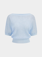 Semi-Sheer Boat Neck Ribbed Knit Top