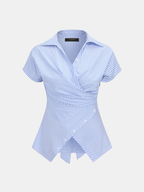 Striped Short Sleeve Wrap Tie-Back Shirt