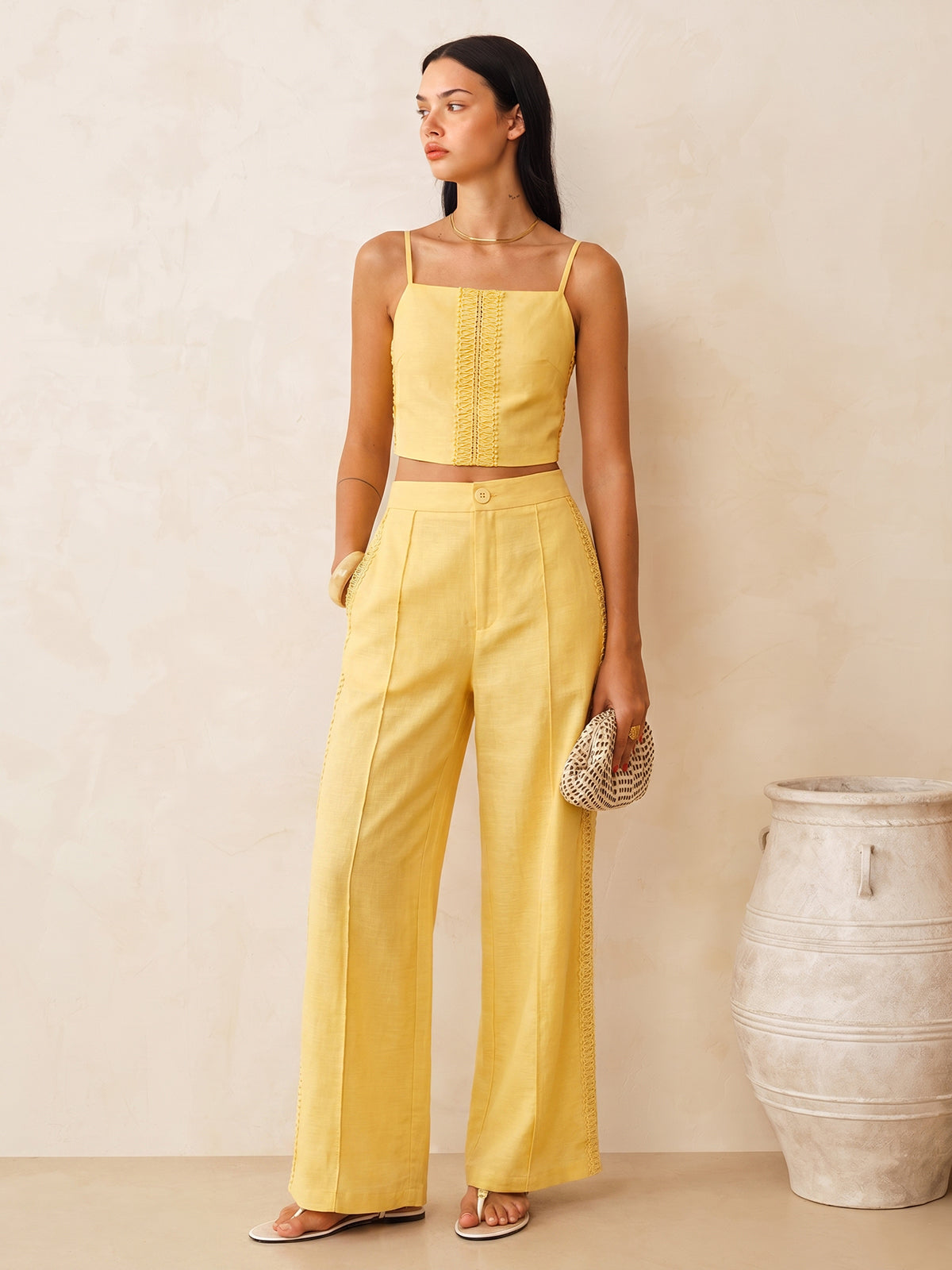 Cotton Linen Lace Trim Cami Top & Pants Set