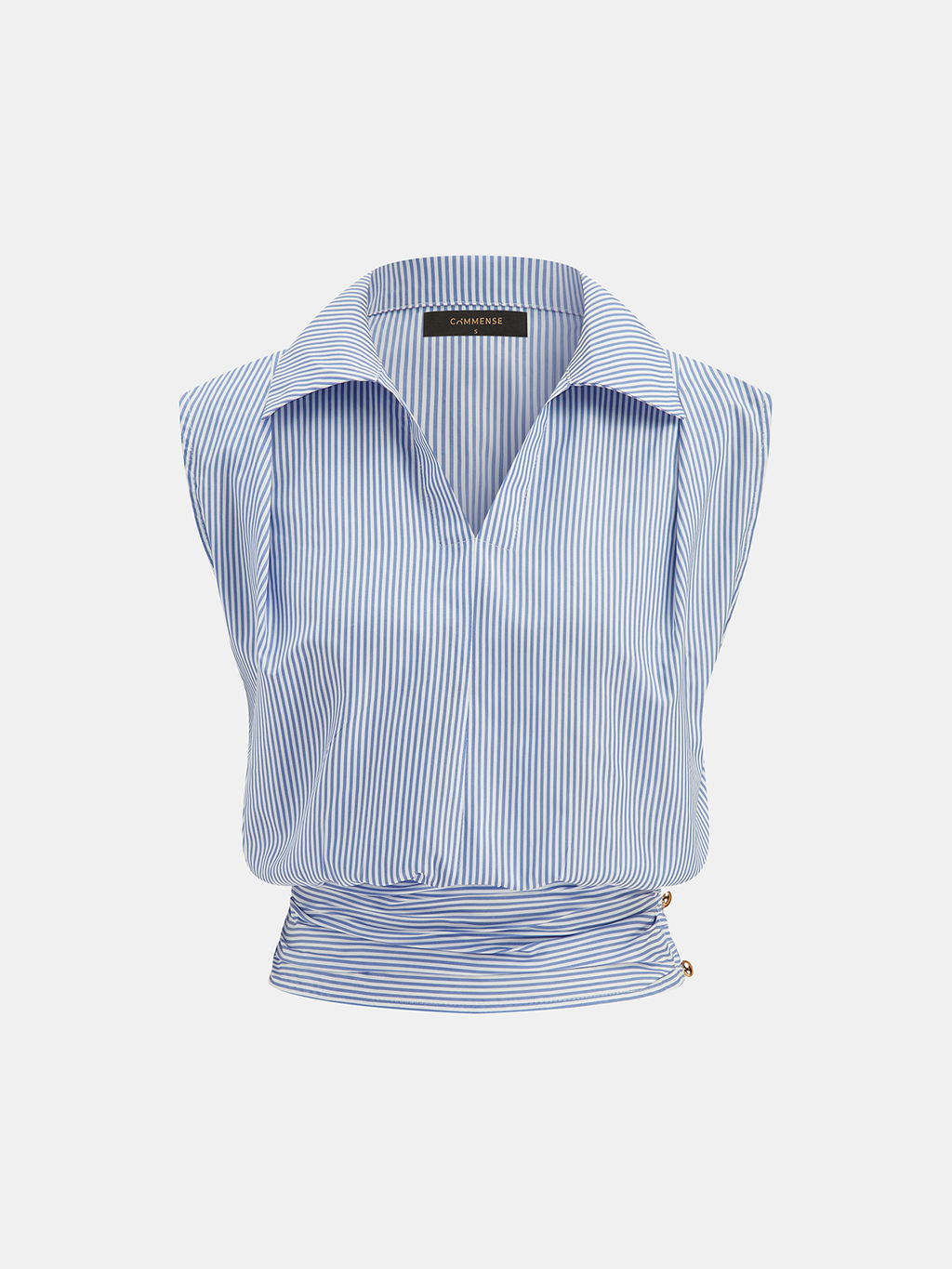Striped Collared Sleeveless Cinched Blouse