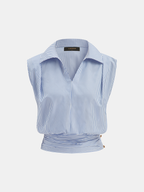 Striped Collared Sleeveless Cinched Blouse