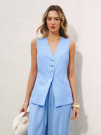 Linen Blend Vest & Wide-Leg Pants Set