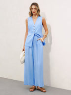 Linen Blend Vest & Wide-Leg Pants Set