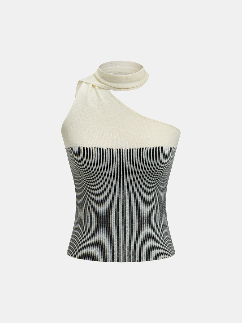 Wool Blend Color Block One Shoulder Knit Top