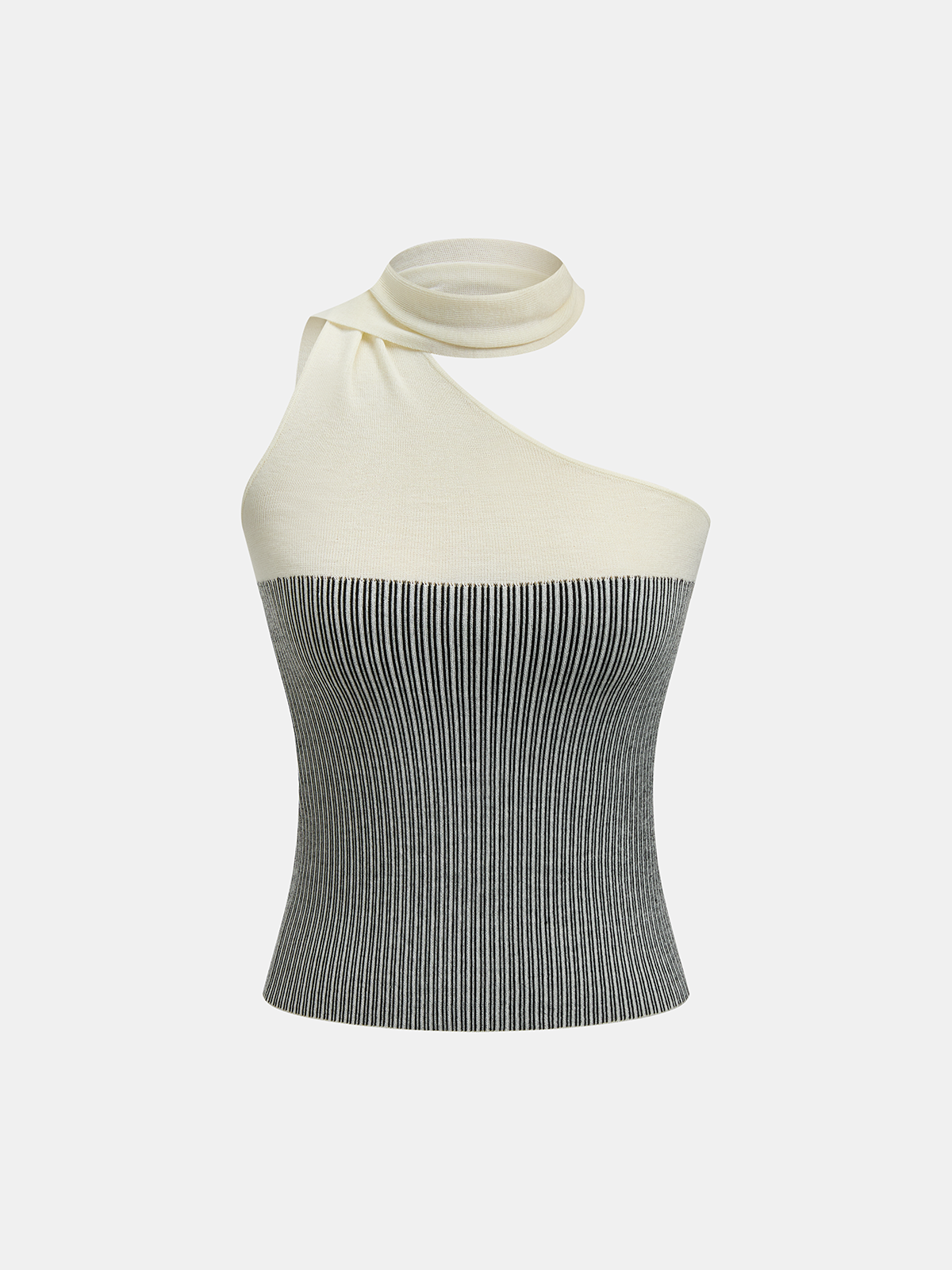 Wool Blend Color Block One Shoulder Knit Top