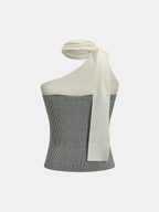Wool Blend Color Block One Shoulder Knit Top