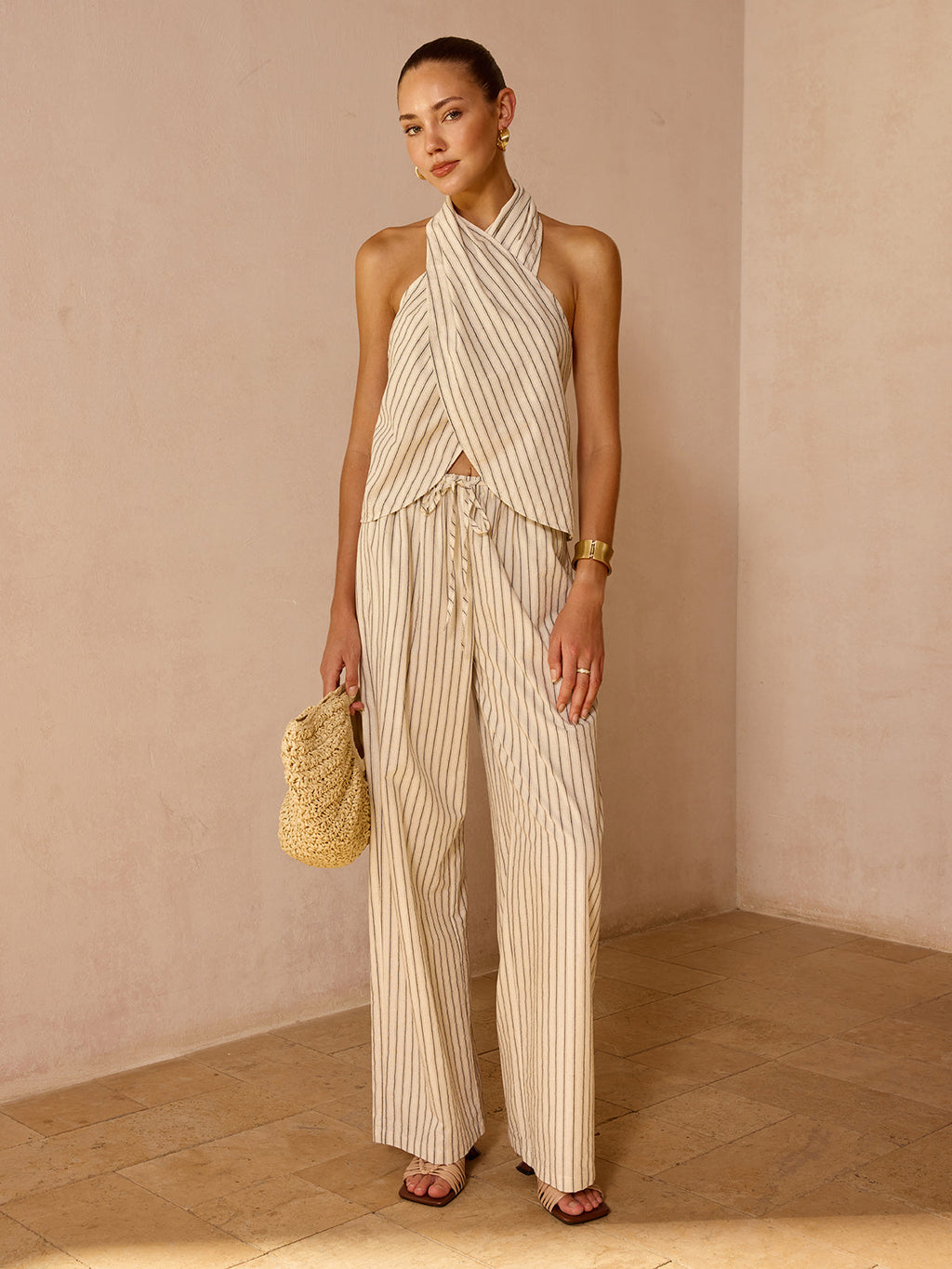 Striped Cotton Linen Halter Top & Pant Set