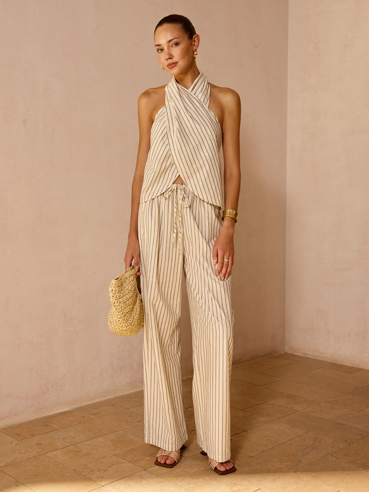Striped Cotton Linen Halter Top & Pant Set