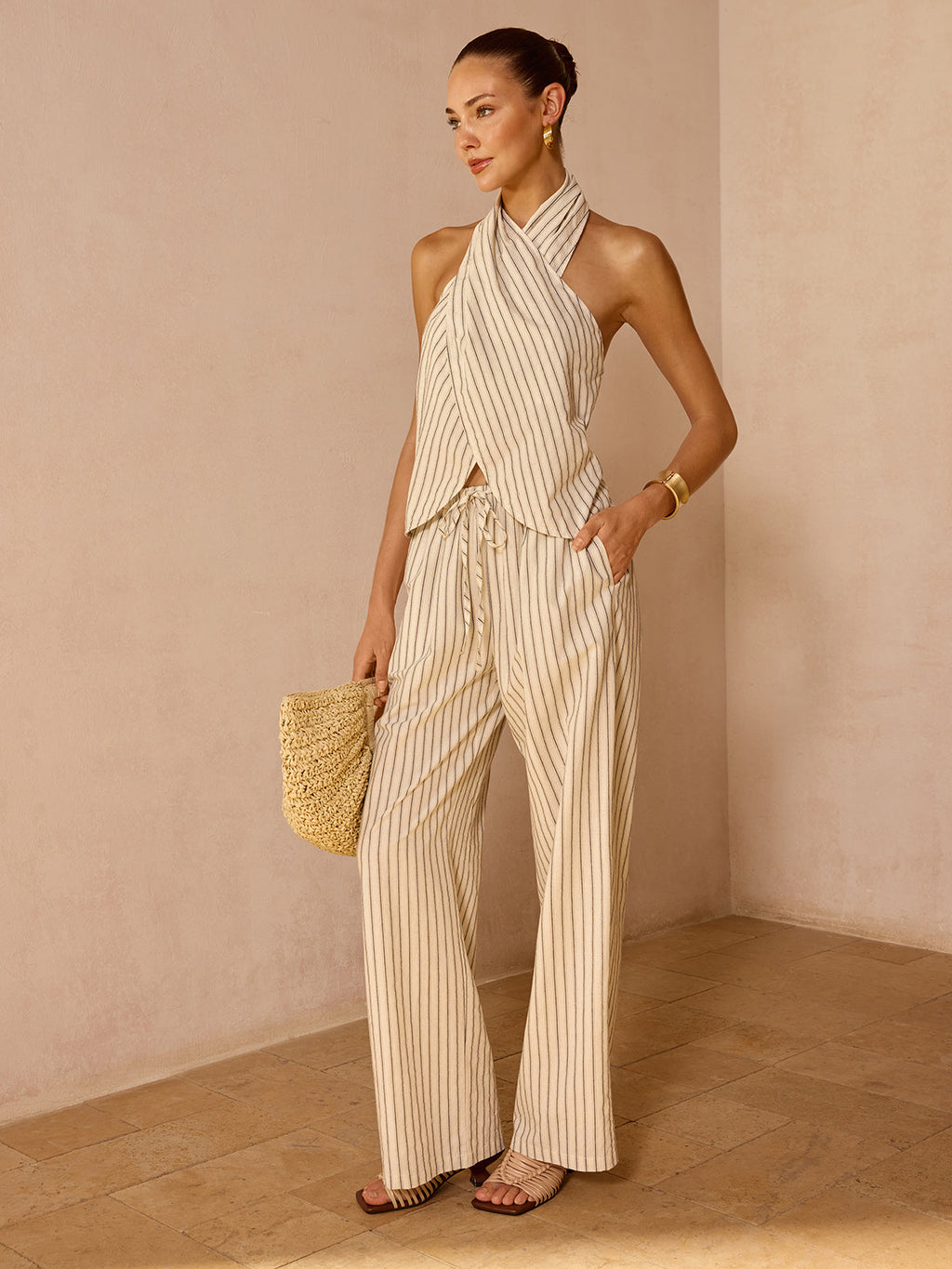 Striped Cotton Linen Halter Top & Pant Set