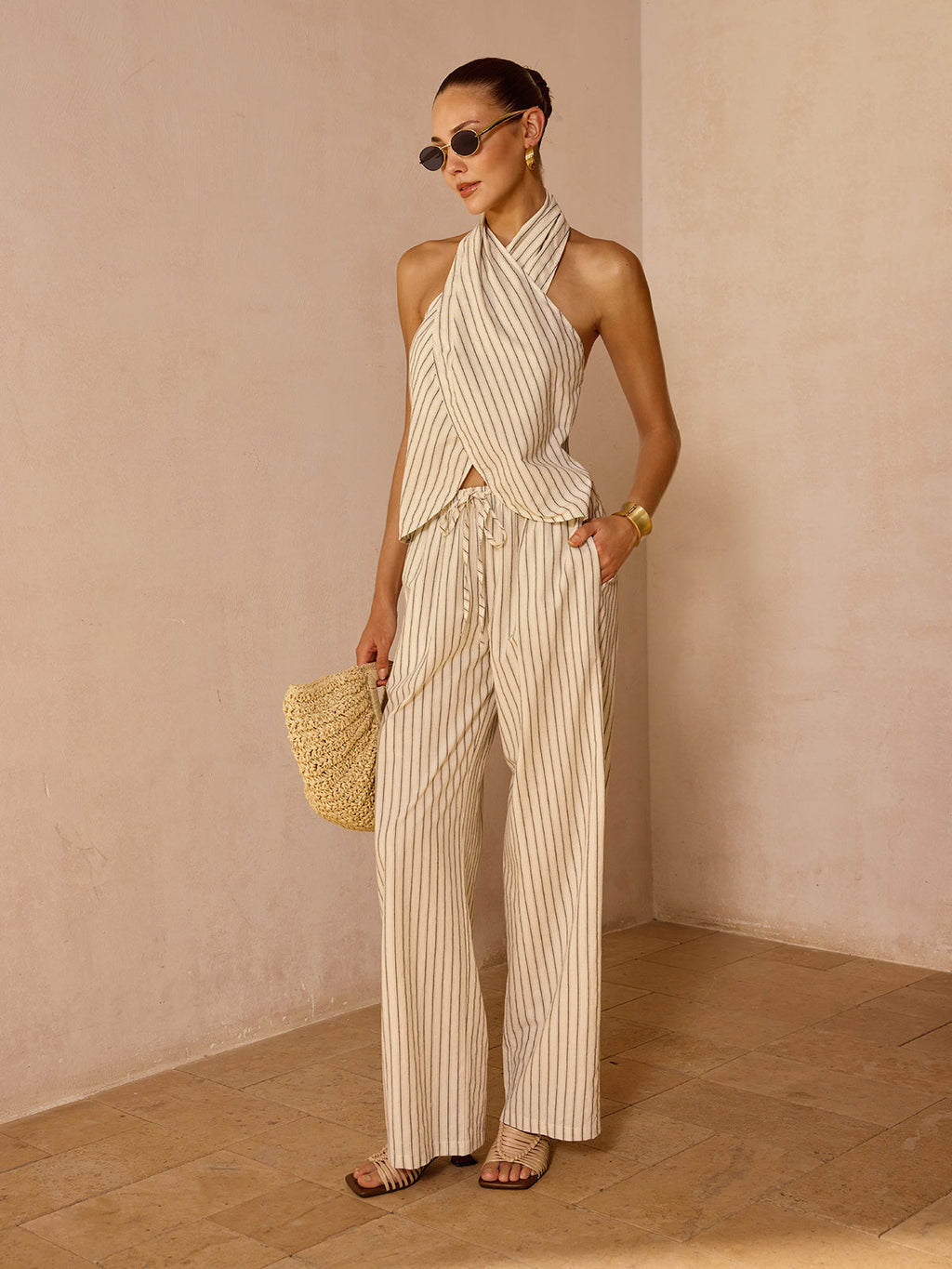 Striped Cotton Linen Halter Top & Pant Set