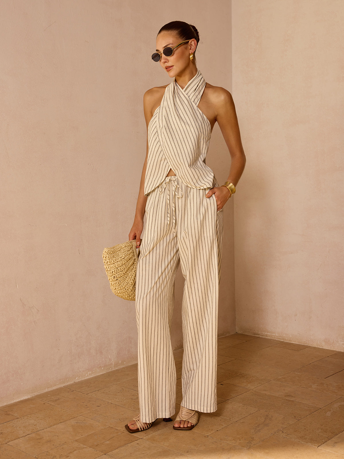 Striped Cotton Linen Halter Top & Pant Set