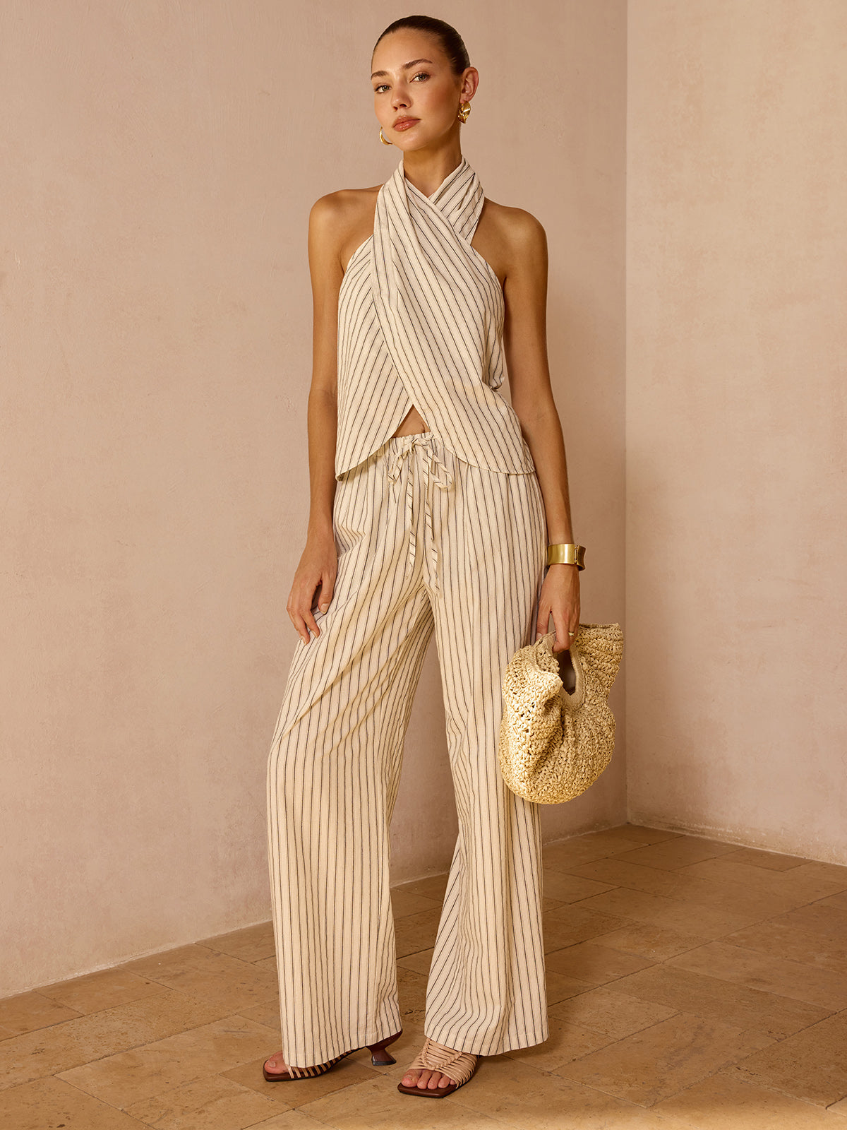 Striped Cotton Linen Halter Top & Pant Set