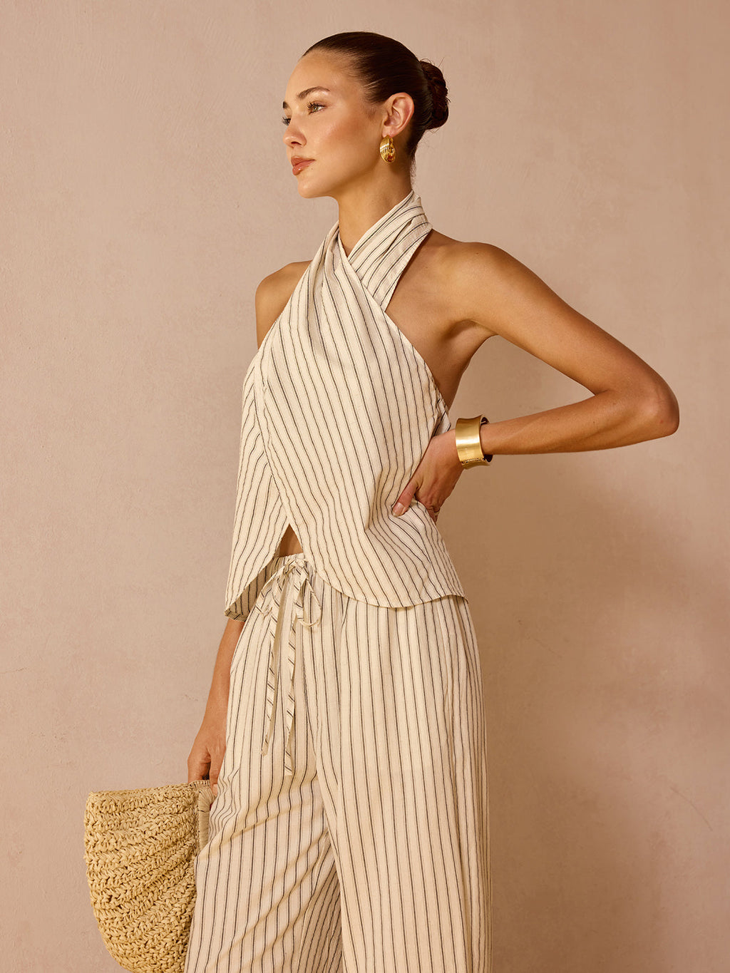 Striped Cotton Linen Halter Top & Pant Set