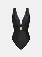 Deep V One Piece Swimsuit & Printed Sarong Set