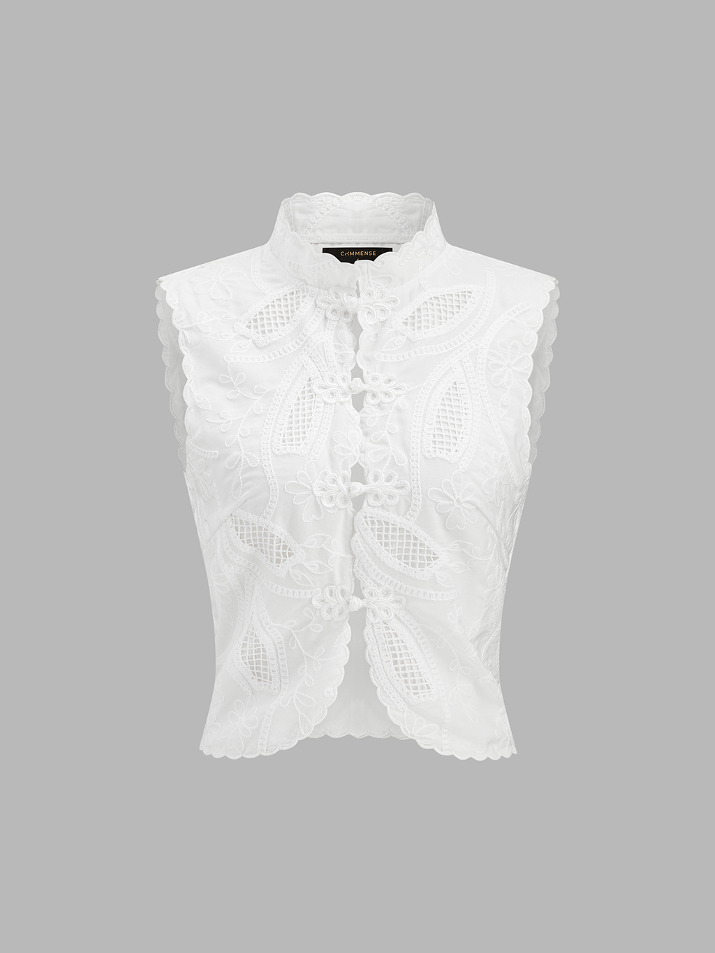 Frog Button Eyelet Embroidered Sleeveless Top
