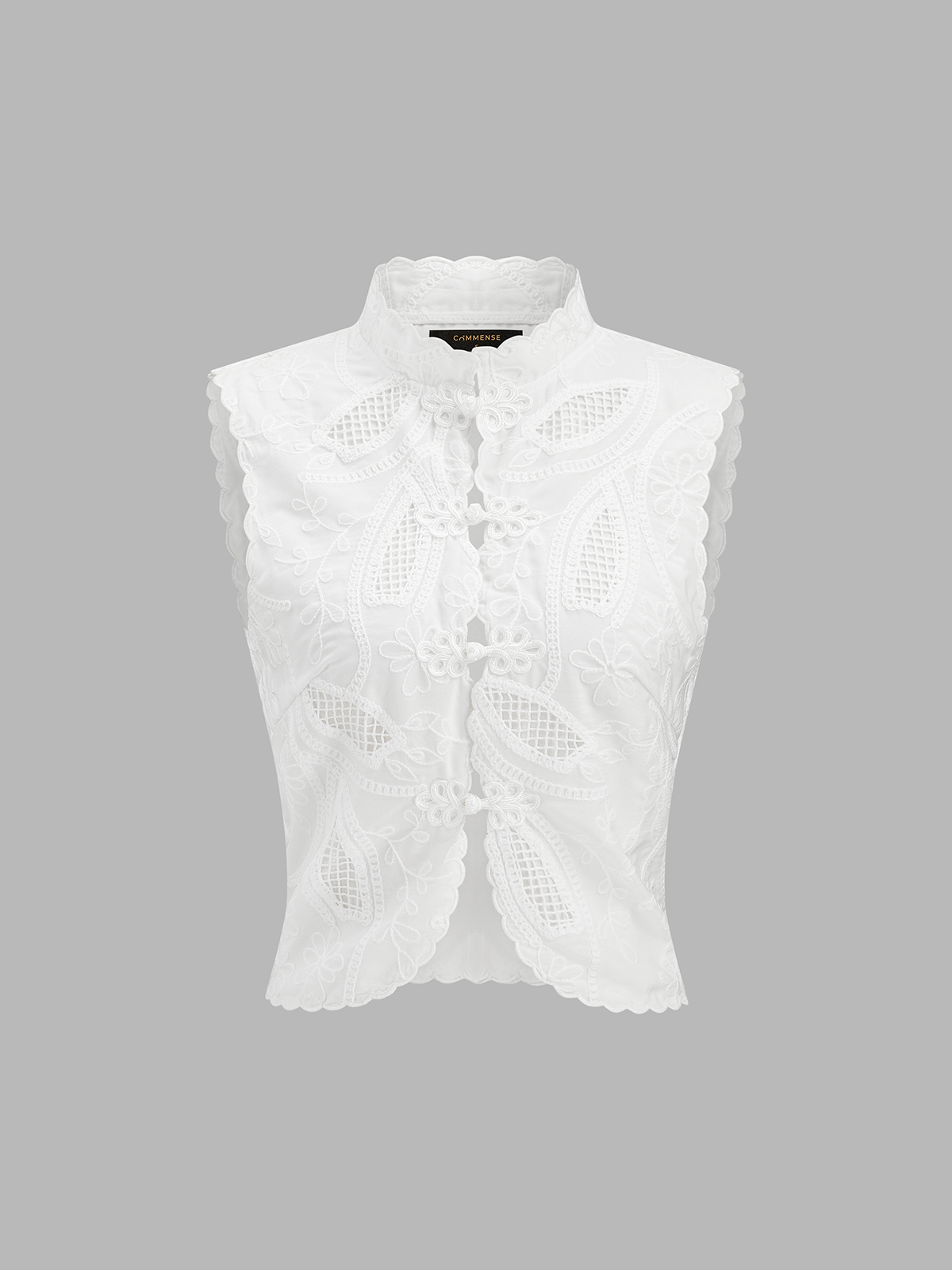 Frog Button Eyelet Embroidered Sleeveless Top
