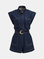 Belted Epaulet Denim Sleeveless Romper