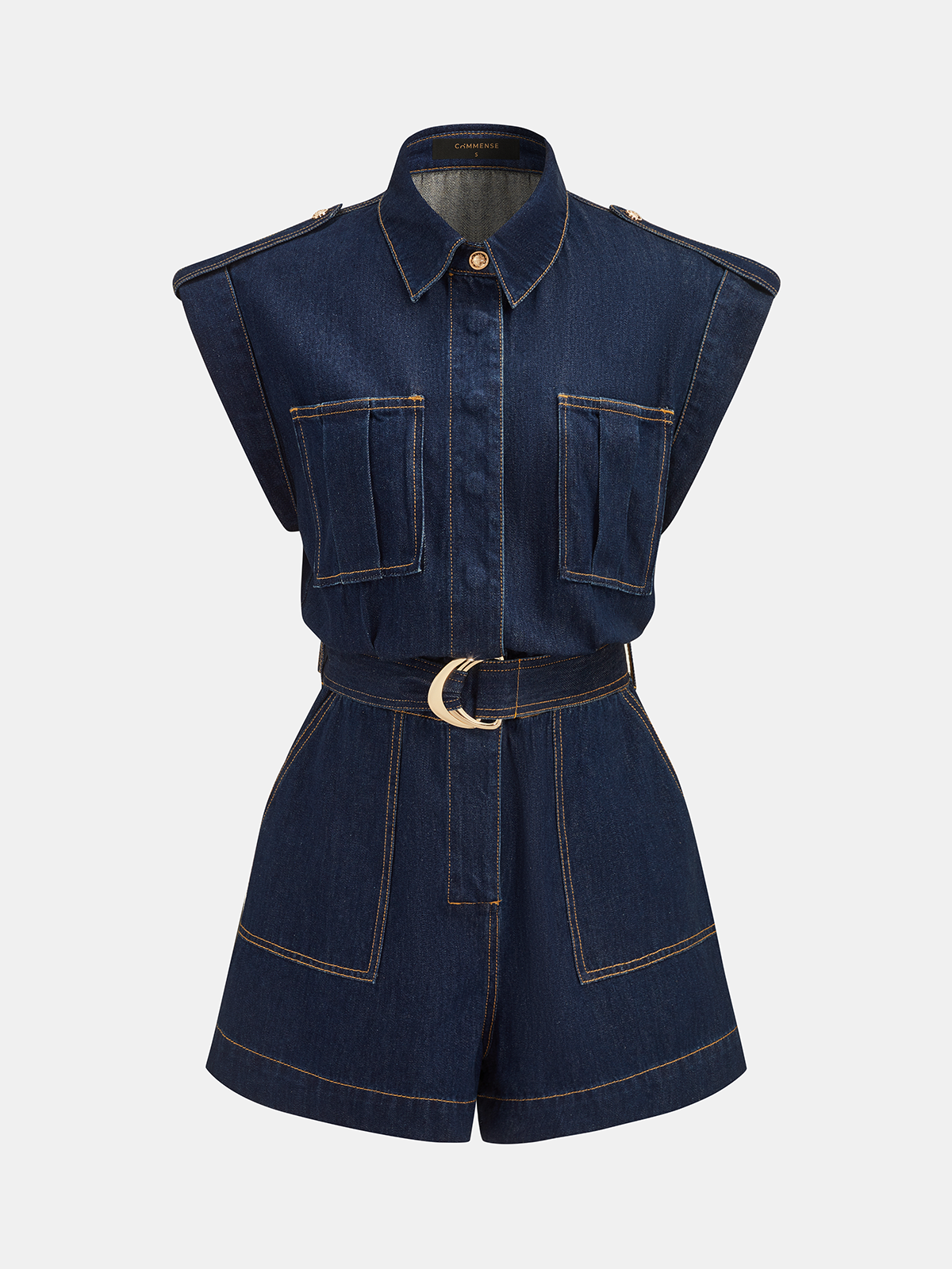 Belted Epaulet Denim Sleeveless Romper