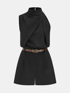 Asymmetric Sleeveless Belted Tailored Romper
