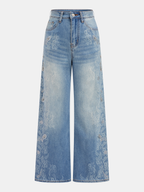 Paisley Jacquard Rhinestone Stud Wide Leg Jeans