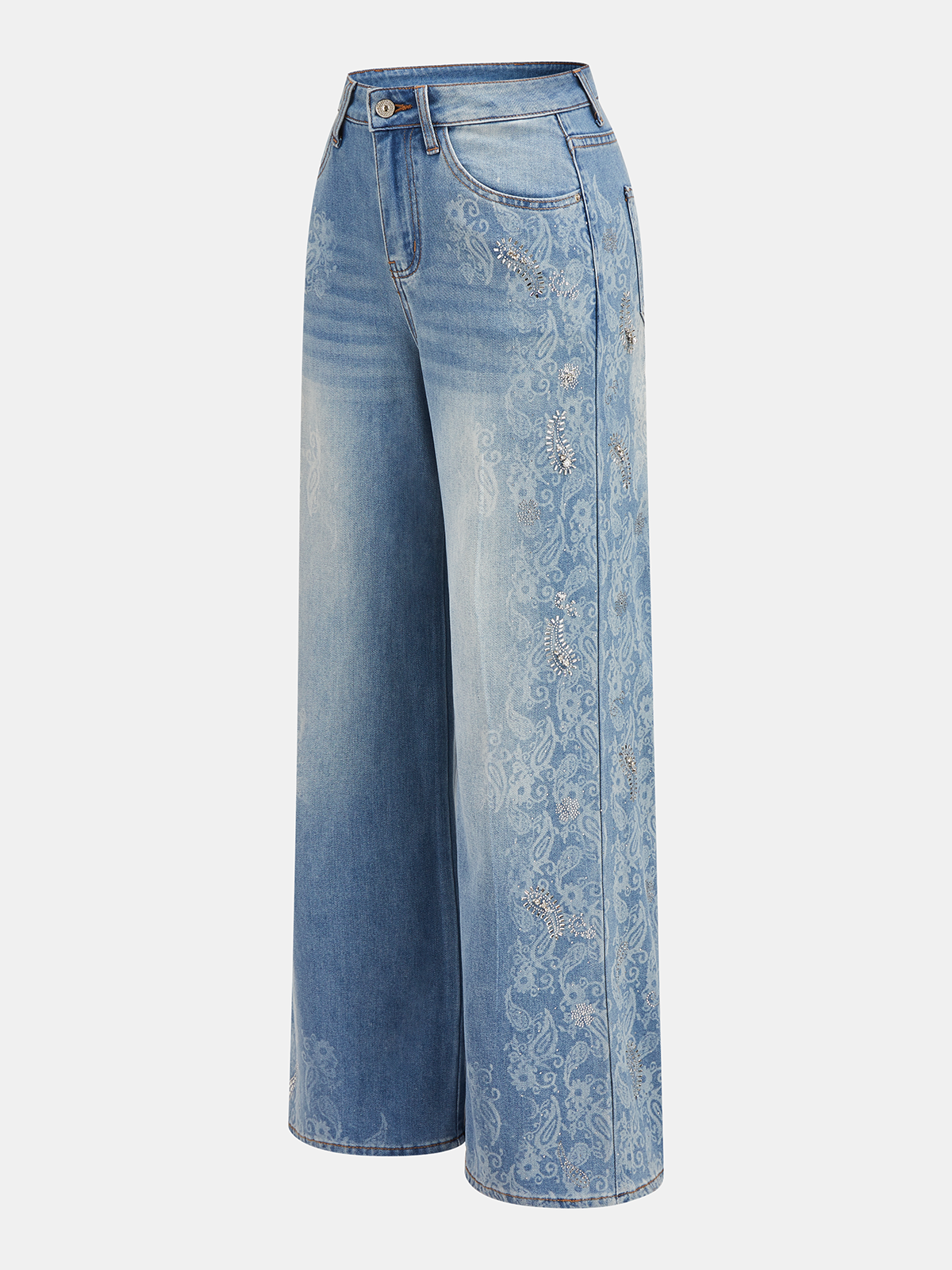 Paisley Jacquard Rhinestone Stud Wide Leg Jeans